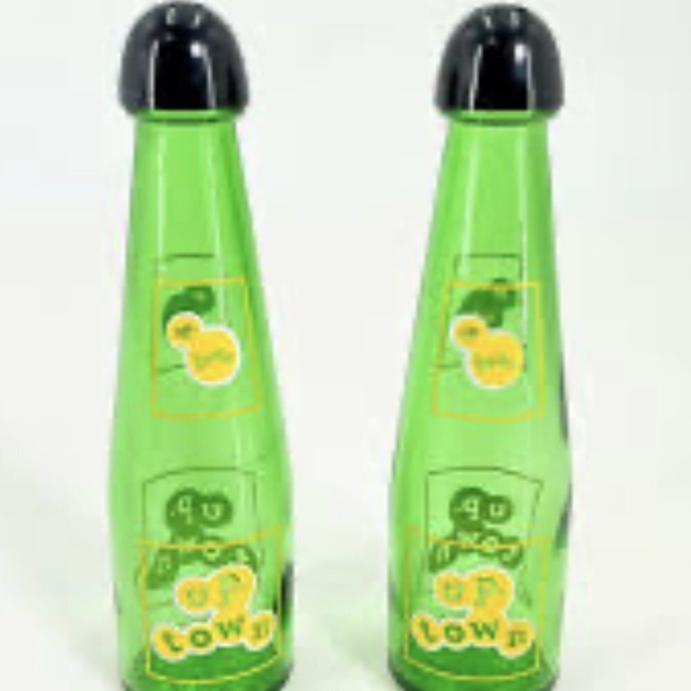 Vintage 50s UP  TOWN Soda Bottle Salt and Pepper Shakers Canada Glass Green